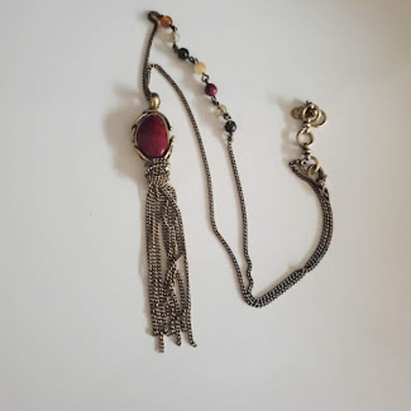 Lucky Brand Boho Necklace with Carnelian Center Stone Gold Tone Chain with Beads - Picture 6 of 8